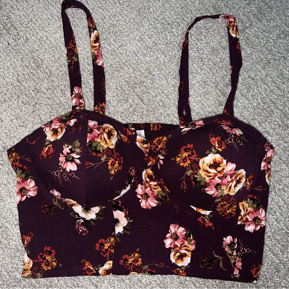 Xhilaration Cropped Floral Print Bustier Tank Top - Maroon - Burgundy - X-Large